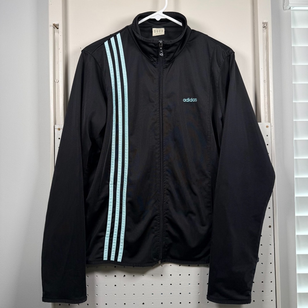 Adidas Track Jacket‎ Women Black Blue 3-Stripes Zip-Up Long Sleeve XL Vintage